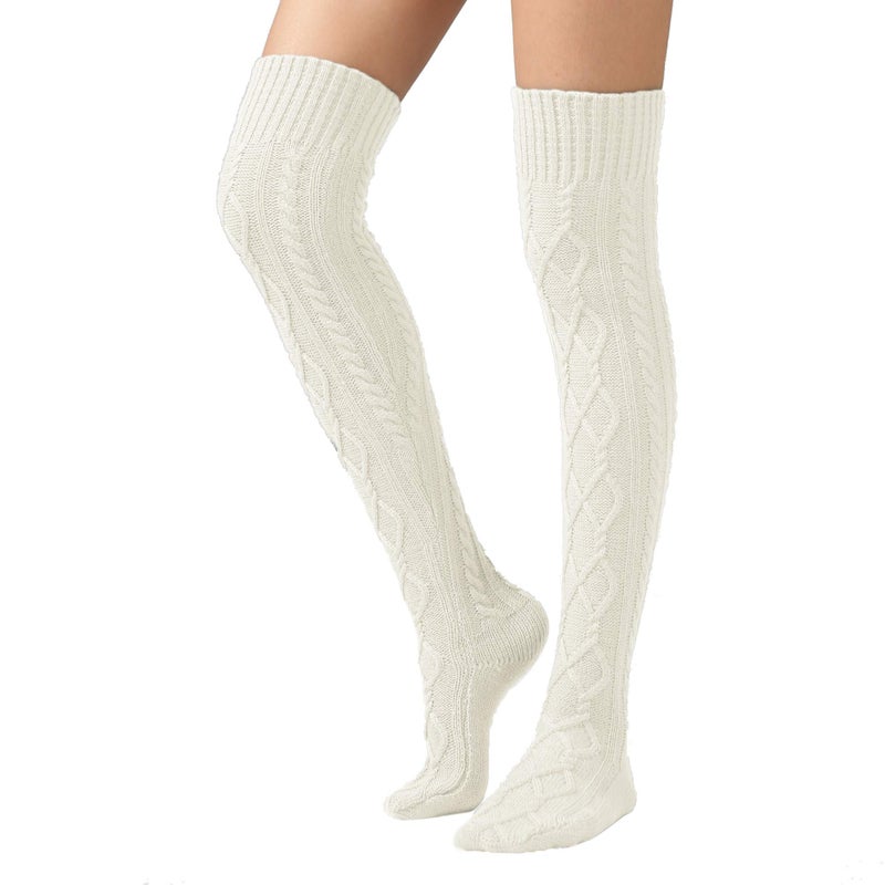 SherryDC Women's Cable Knit Boot Stockings Extra Long Thigh High Leg Warmers Winter Floor Socks White - Image 1